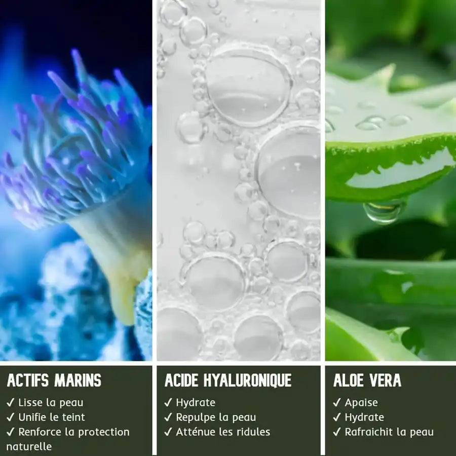 Juvenys crème lissante et hydratante dès 30 ans naturel, végan et sans cruauté envers les animaux. Aloe vera, actifs marins, acide hyaluronique.