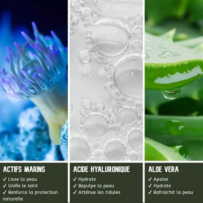 Juvenys crème lissante et hydratante dès 30 ans naturel, végan et sans cruauté envers les animaux. Aloe vera, actifs marins, acide hyaluronique.