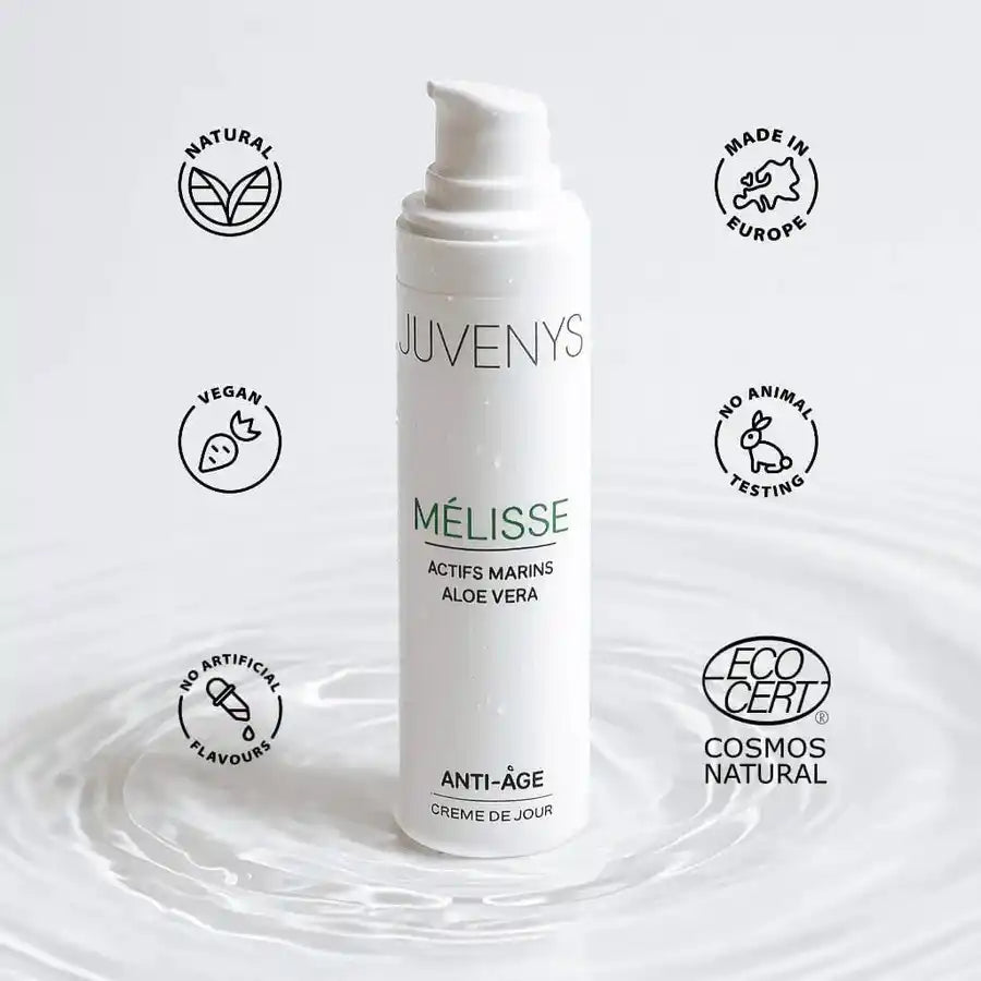 Juvenys crème lissante et hydratante dès 30 ans naturel, végan et sans cruauté envers les animaux. Aloe vera, actifs marins, acide hyaluronique.