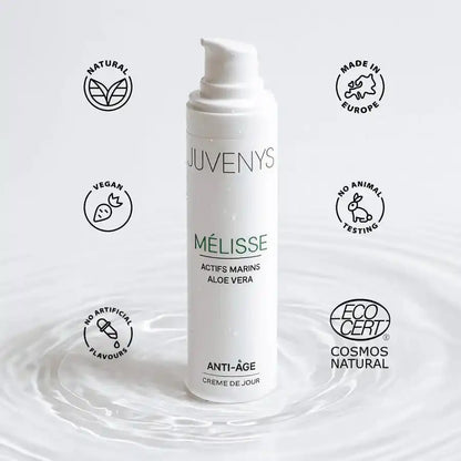 Juvenys crème lissante et hydratante dès 30 ans naturel, végan et sans cruauté envers les animaux. Aloe vera, actifs marins, acide hyaluronique.