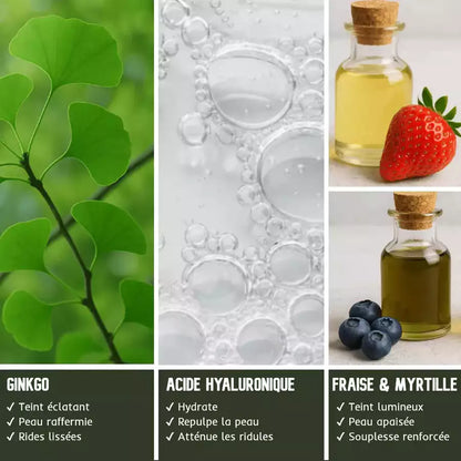 Sérum Juvenys anti age fermeté et éclat au ginkgo et peptides - ingrédients ginkgo, acide hyaluronique et huile fraise et myrtille, bienfaits