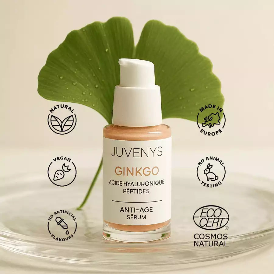Sérum Juvenys anti age fermeté et éclat au ginkgo et peptides - certifications naturel, végan et sans cruauté envers les animaux