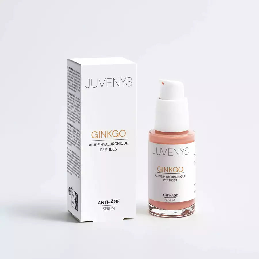 Sérum Juvenys anti age fermeté et éclat au ginkgo et peptides - vue flacon et emballage